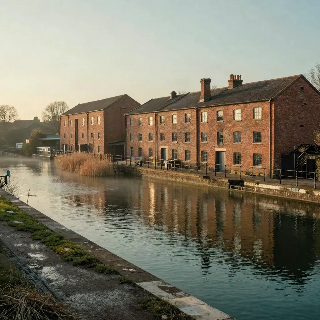 Hazy canal basin with brick mills and soft golden light over the Midlands