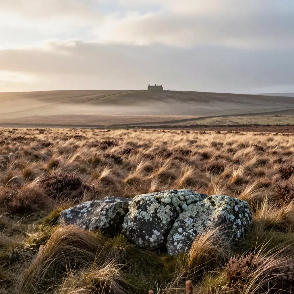 Misty moor plateau with distant stone farmhouse and open copy space below