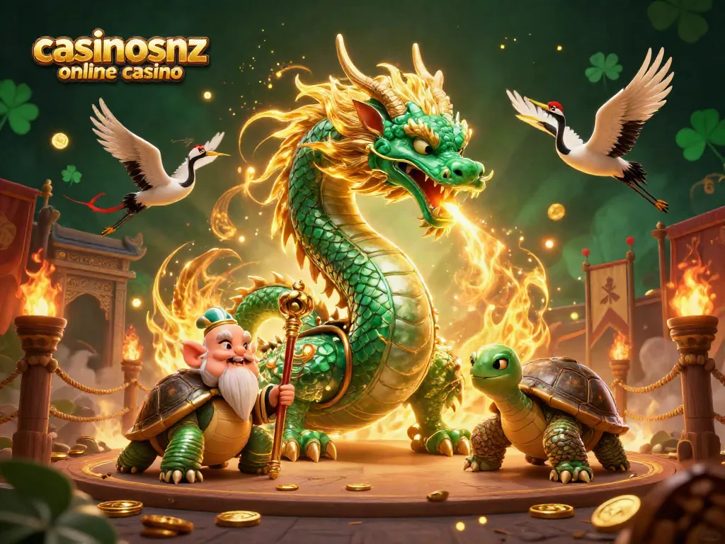 Engage with casinosnz online casino's vibrant 3D illustration featuring a jade dragon and turtle sage.