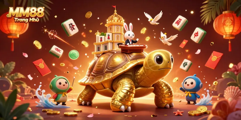 Win big at MM88 Trang Chủ with vibrant casino-themed digital illustration featuring a lively scene of gaming excitement.