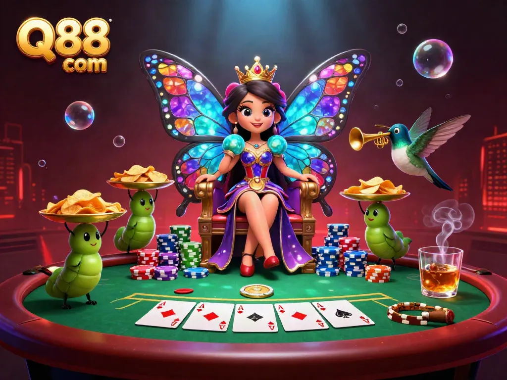 Experience the vibrant world of Q88 com with a playful butterfly queen surrounded by casino elements.