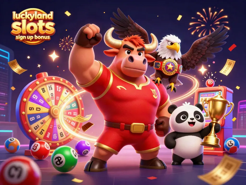 Win big with LuckyLand Slots sign up bonus in a vibrant 3D celebration scene filled with excitement.