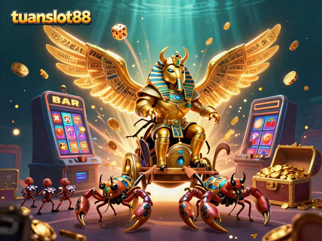 Pemain slot di tuanslot88 meraih kemenangan besar dengan mesin slot berkilauan yang sedang meledak dengan koin dan cahaya.