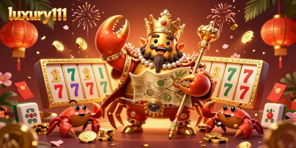 Experience the thrilling action of luxury111 with a golden crab emperor amidst slot reels and vibrant casino elements.