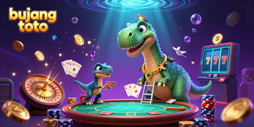 Experience exciting wins with bujang toto in a vibrant casino scene featuring whimsical characters and games.