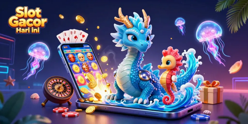 Play Slot Gacor Hari ini with vibrant visuals featuring a dragon, seahorse knight, and dynamic casino elements.