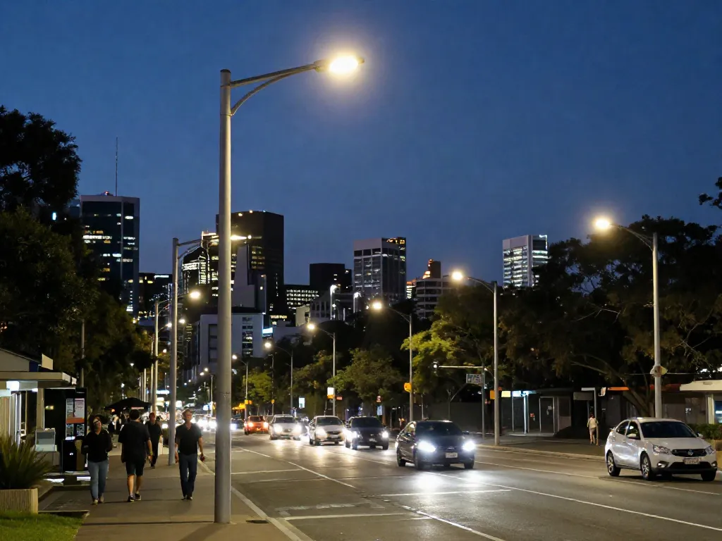 Street light pole suppliers Australia showcasing illuminated poles enhancing urban nightlife.