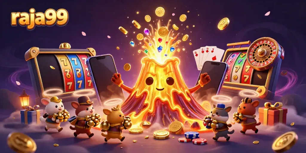 Experience raja99's exhilarating gaming excitement with golden volcano, vibrant treasures, and dynamic slot elements