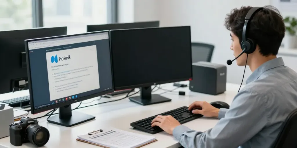 Representative providing Hotmail technical support during video call in modern office.