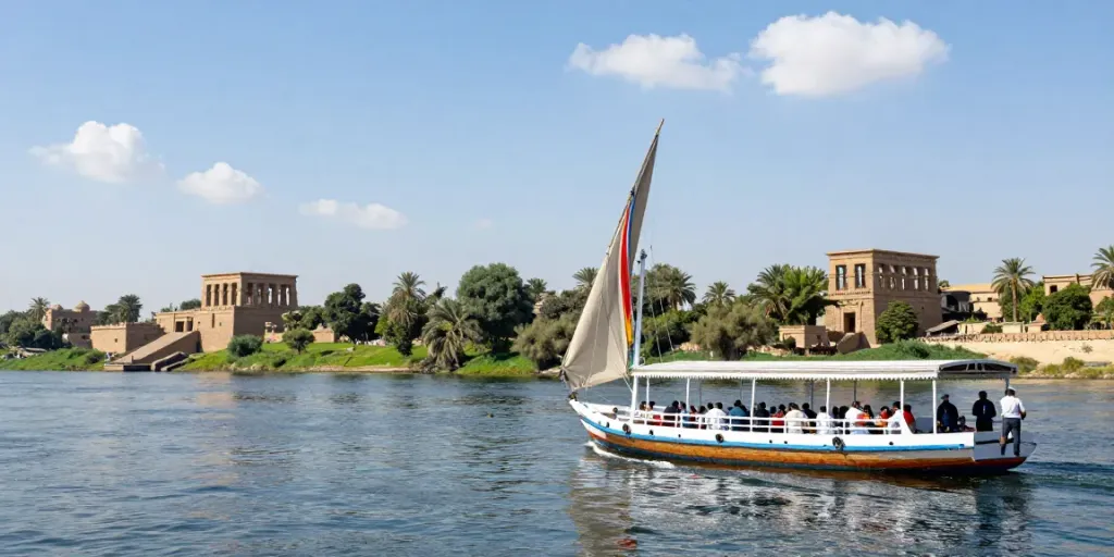 Dahabiya Nile cruise with travelers enjoying scenic views along the Nile River.