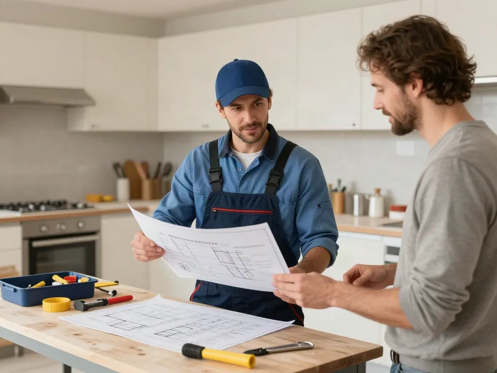 United Signature remodeling process depicted by trusted local contractor discussing details with homeowner at renovation site.