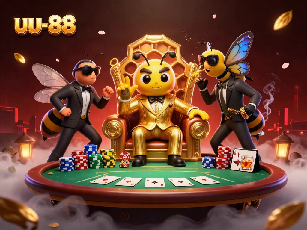 uu-88 showcases a 3D mob boss and poker scene filled with vibrant casino elements.