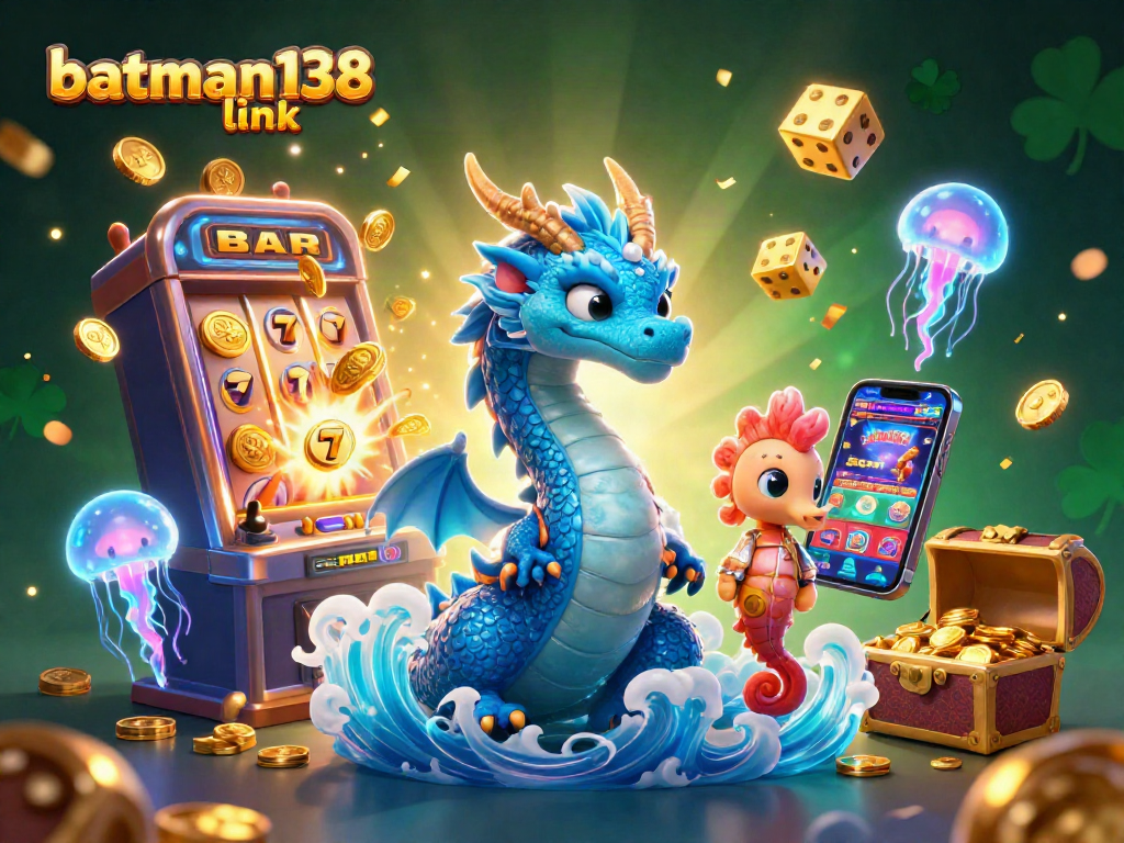 Experience the excitement around batman138 link with a vibrant casino scene featuring animated characters and jackpot elements.