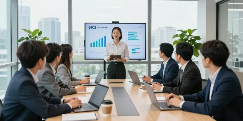 Business professionals discussing BICS energy solutions in a modern office.