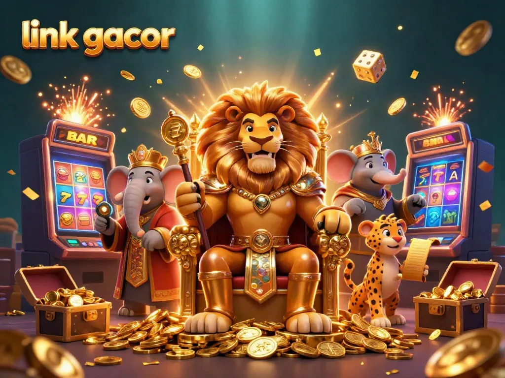 Experience the excitement of the link gacor scene featuring a lion king, elephant advisor, and cheetah messenger amid casino symbols.