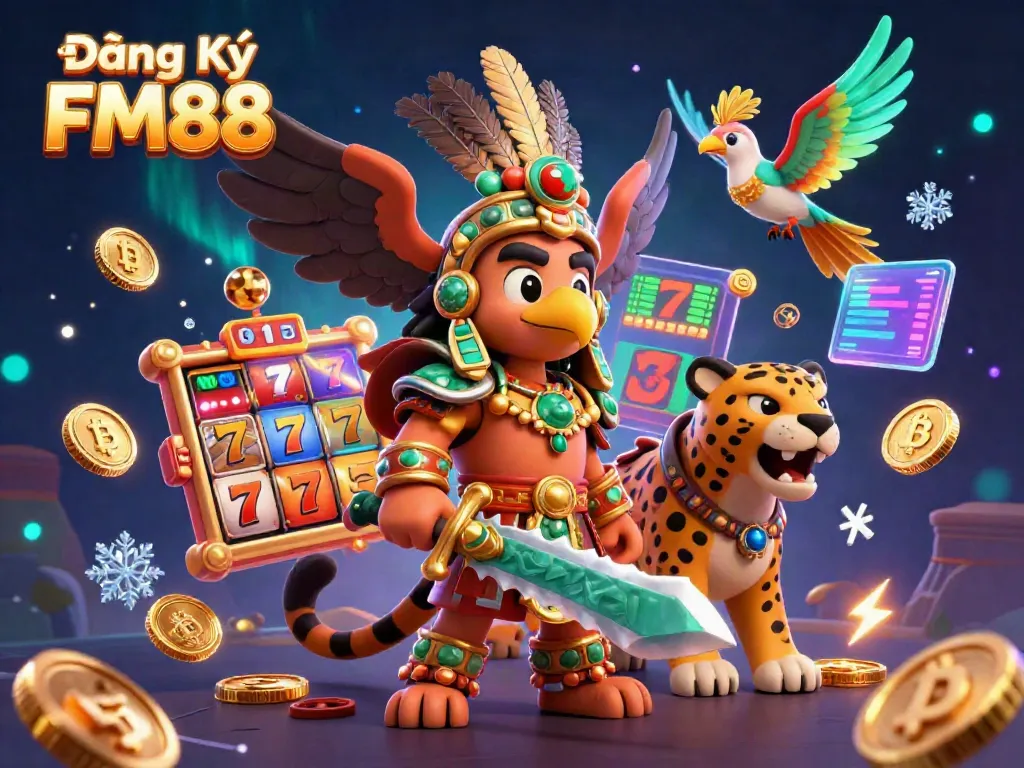 Experience vibrant slot gaming with Đăng Ký FM88 in an ultra-detailed illustration featuring Aztec warriors and crypto elements.