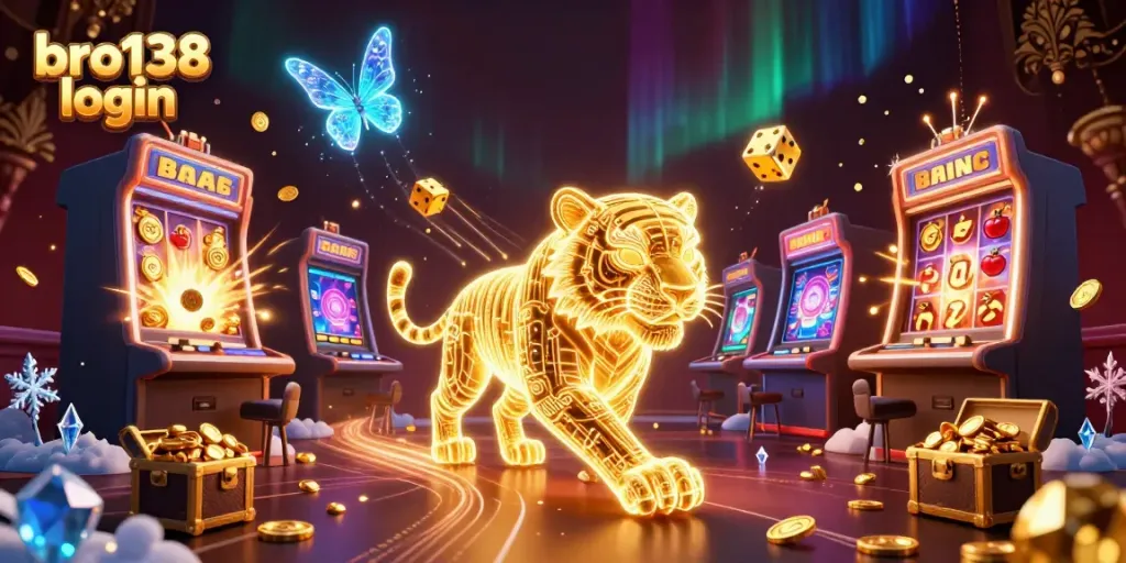 Win big at bro138 login with an exciting 3D scene of a neon tiger, slots, and dazzling casino elements.