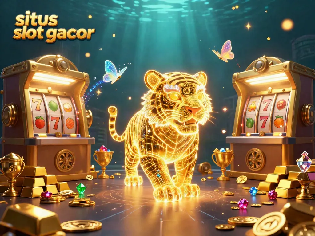 Experience the excitement of situs slot gacor with a digital casino scene featuring a neon tiger and lively game elements.