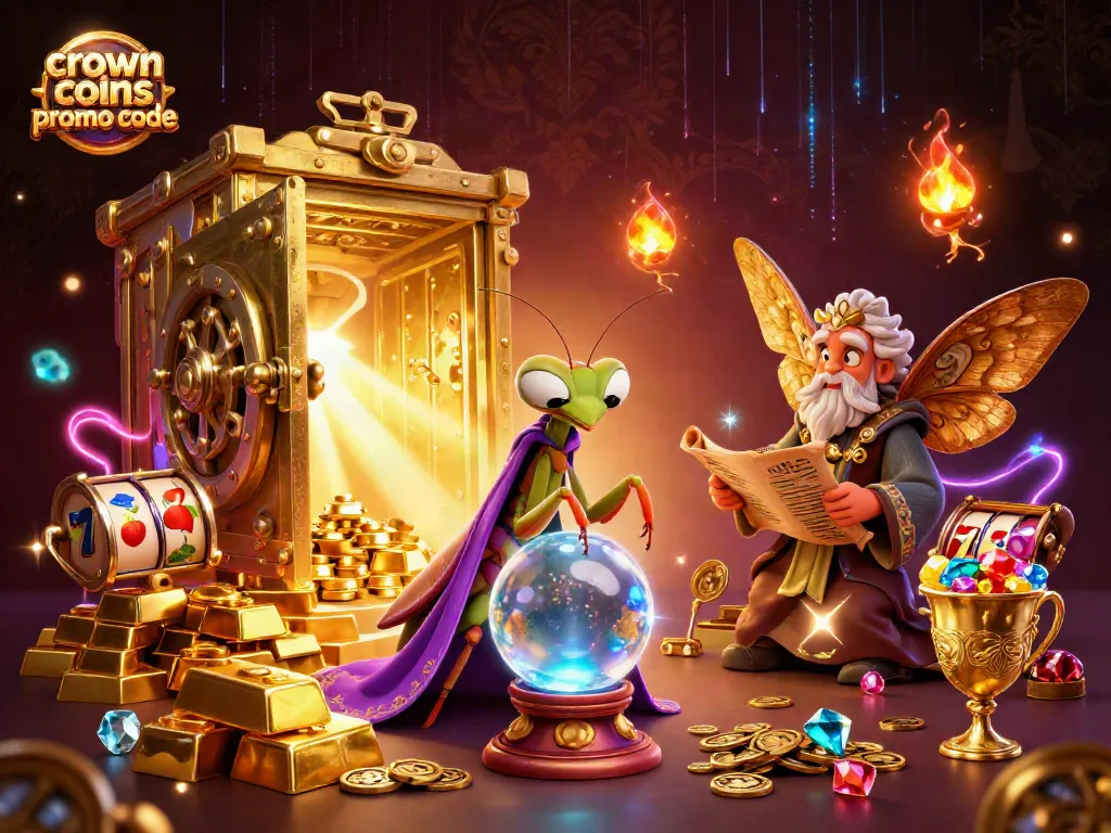 Engage with the crown coins promo code in this vibrant 3D casino illustration showcasing fortune tellers and treasures.