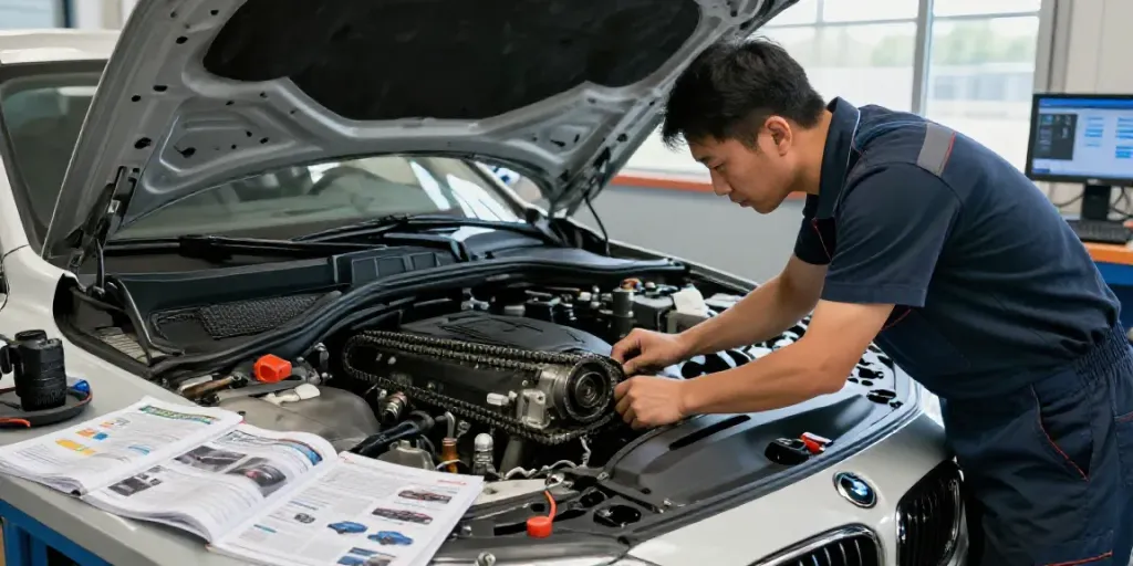Mechanic inspecting BMW timing chain, highlighting bmw steuerkette wechseln in automotive workshop setting.
