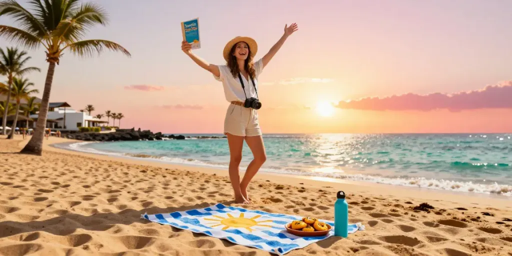 The traveler at Tenerife beach with a guidebook from Tenerife travel shop, enjoying the sunset.