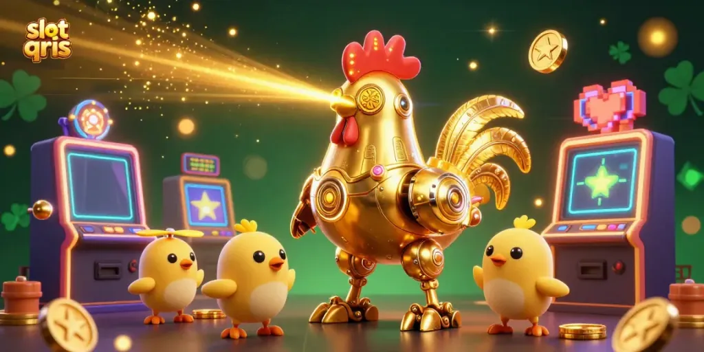 Experience exciting gameplay with slot qris, featuring a golden rooster robot surrounded by vibrant casino elements.