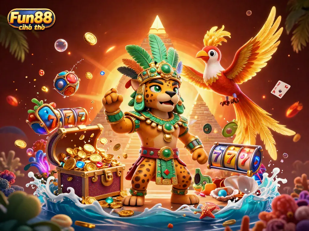 Engage with Fun88 chính thức in this vibrant 3D illustration showcasing lively casino elements, maximizing the gaming experience.