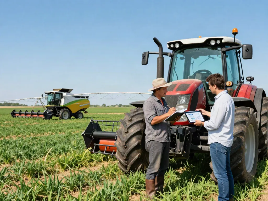 Agriculture Equipment Financing Brisbane: Farmer consulting a finance broker about tractor purchase amidst green fields.