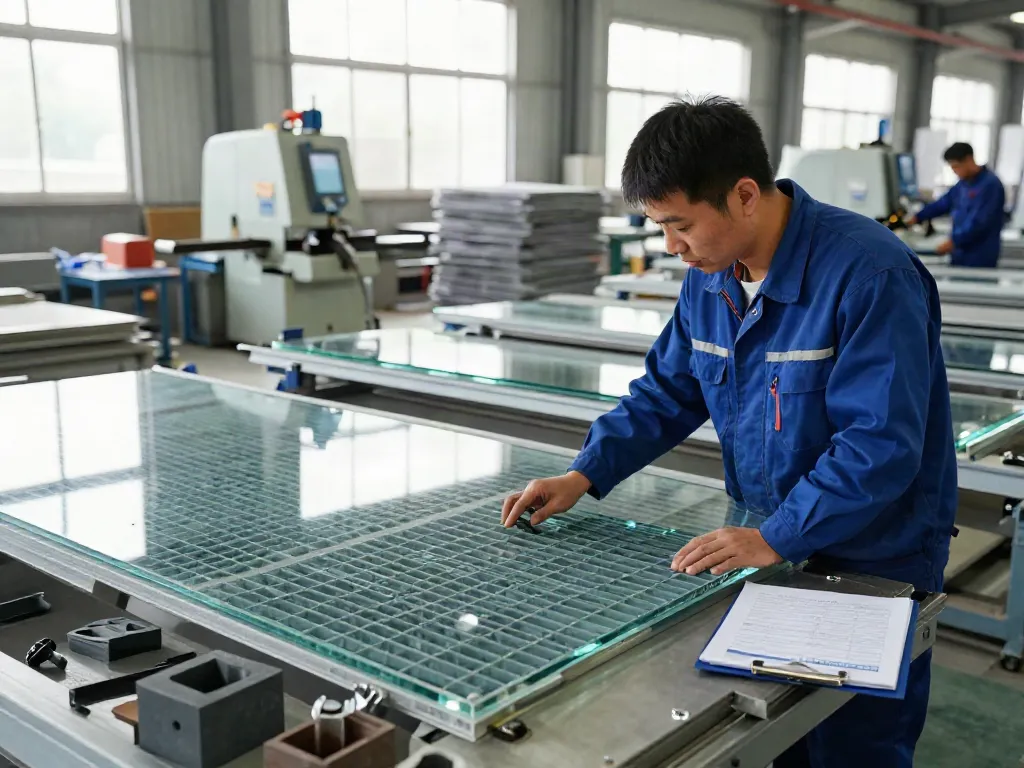GRP Manufacturer inspecting glass-reinforced plastic grating in a modern factory environment.