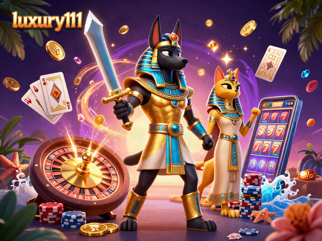 Experience the excitement at luxury111 with ancient Egyptian characters and casino elements.