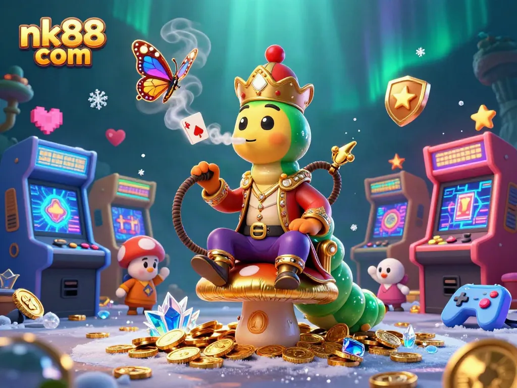Engage in thrilling gameplay at nk88 com with a vibrant casino scene, showcasing poker hands and dynamic arcade elements.