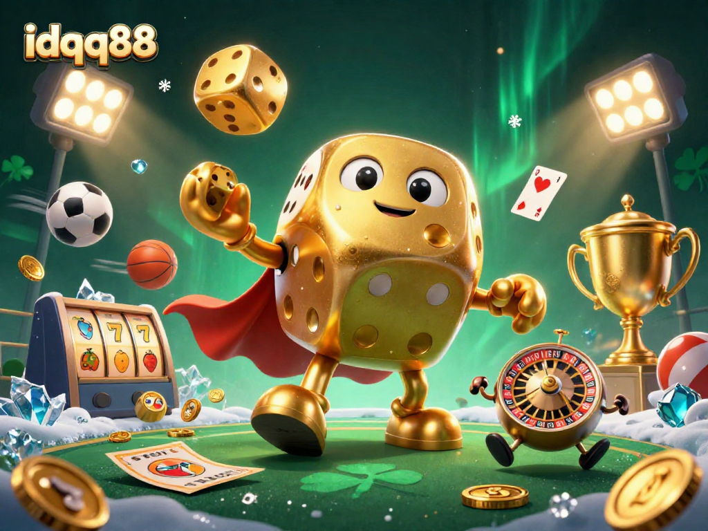 Experience winnings with idqq88's colorful 3D cartoon casino scene featuring golden dice and dynamic gameplay.
