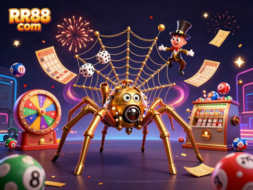 Catch exciting wins with RR88 com as a golden spider captures dice in a colorful casino scene.