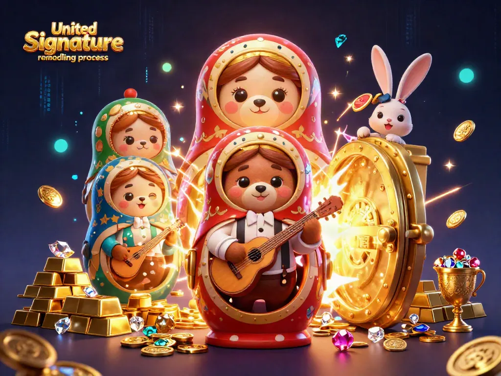 Experience the United Signature remodeling process with vibrant casino-inspired characters amidst piles of gold and treasures.