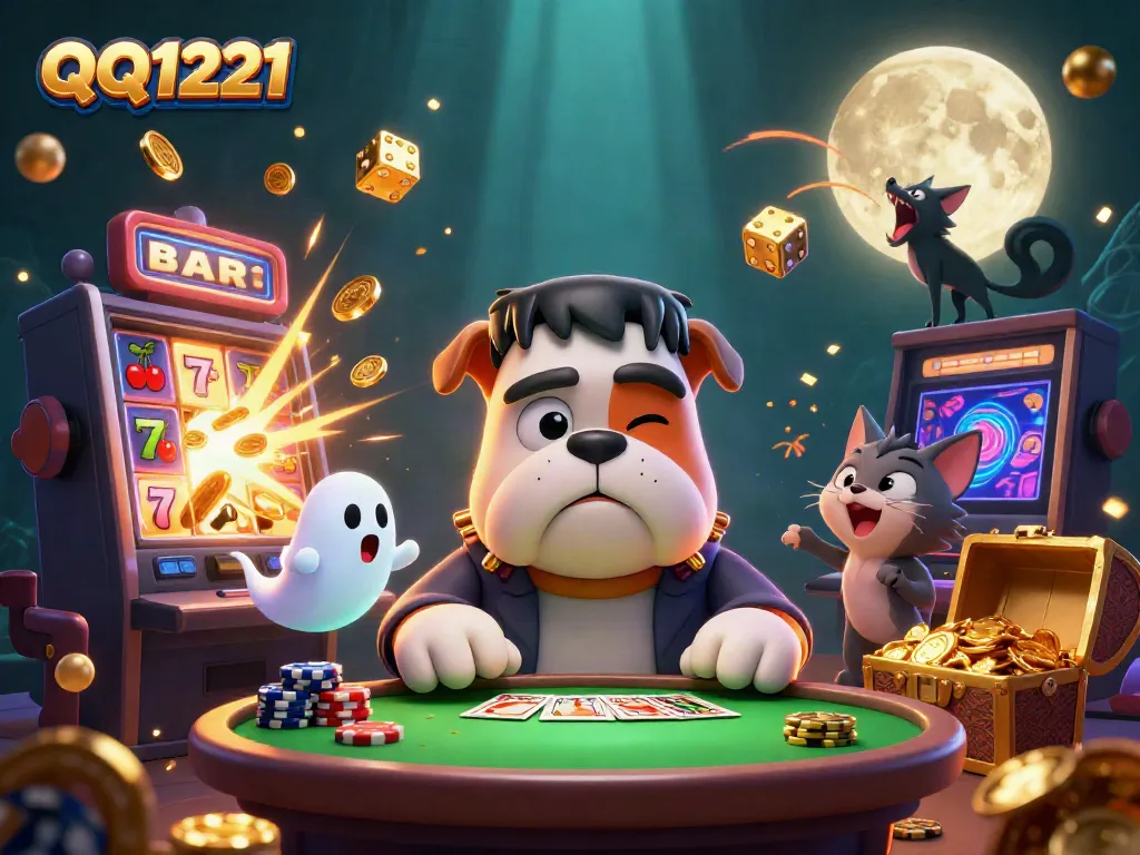 Win big at QQ1221 with a vibrant illustration featuring casino characters and jackpot elements!