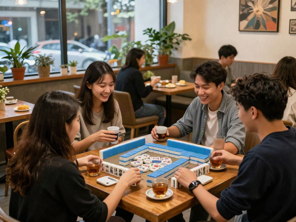 Friends enjoying MAHJONGJP88 Online games in a cozy café, featuring colorful Mahjong tiles and refreshments.