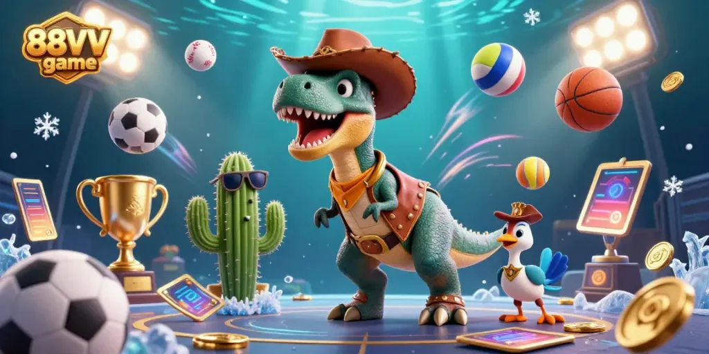 Experience thrilling action with the 88VV game through a vibrant 3D illustrated scene, featuring animated sports elements.
