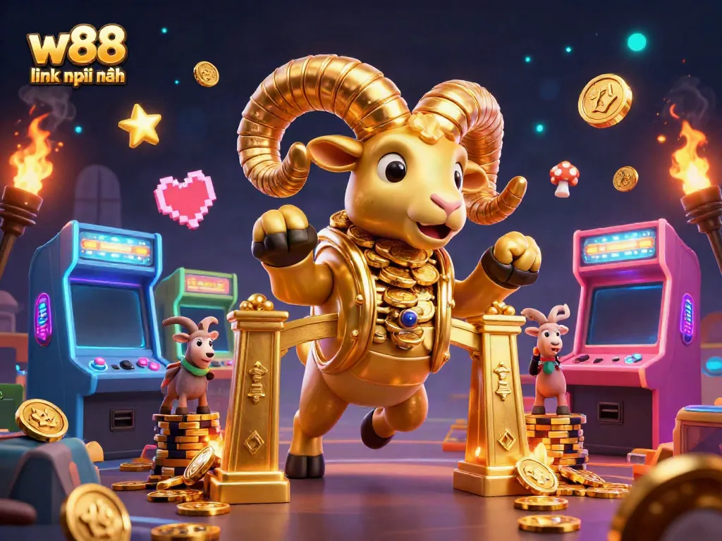 Experience the excitement of w88 link mới nhất with a golden ram charging through a casino adventure.