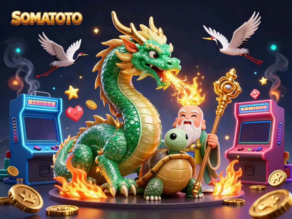 SOMATOTO features a jade dragon and wise turtle sage in a lively casino scene filled with vibrant game elements.