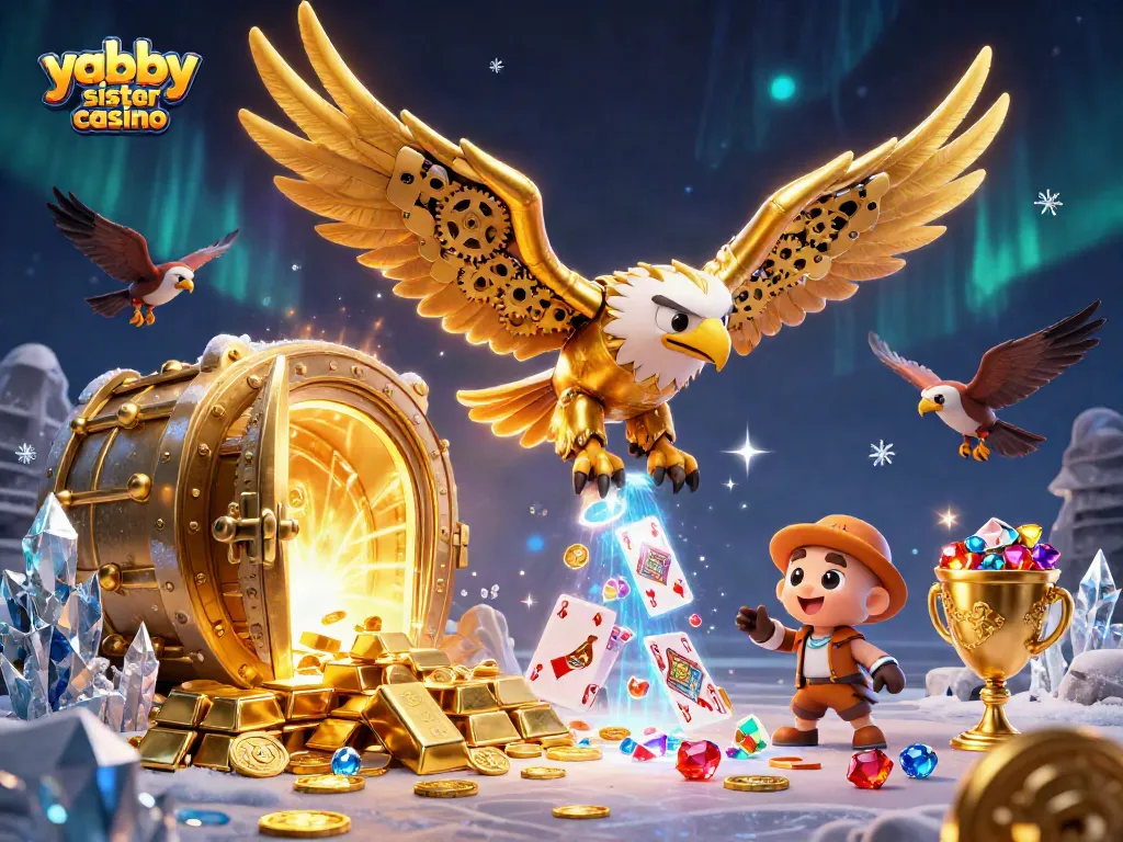 Experience exciting gameplay with yabby sister casino in a vibrant 3D illustrated scene featuring gold and games.