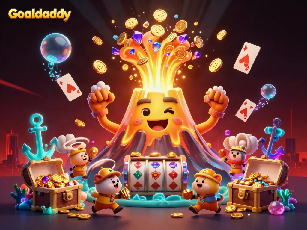 Experience the thrill of Goaldaddy with a golden volcano overflowing with treasure in a dynamic 3D scene.