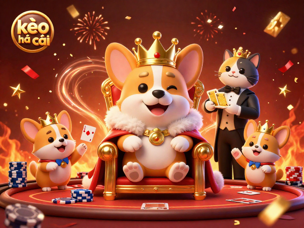 Engage with kèo nhà cái through vibrant 3D illustration showcasing a royal corgi at a poker table.