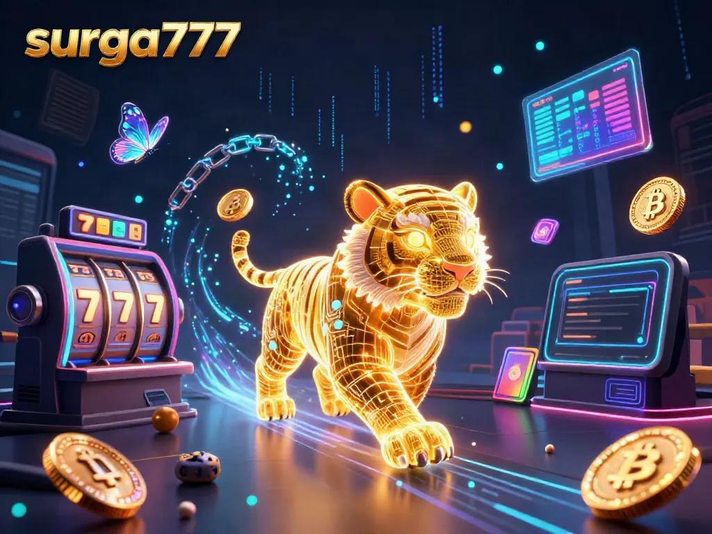 Spin the reels at surga777 with a neon tiger and glowing coins in a vibrant digital casino.