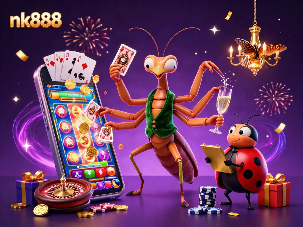 Win big with nk888 at a bustling casino scene filled with dynamic characters and games.