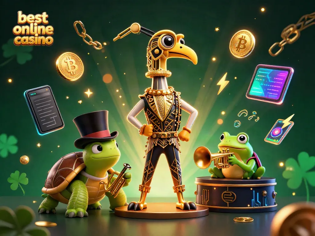 Experience the best online casino with vibrant characters and crypto themes in this dynamic illustration.