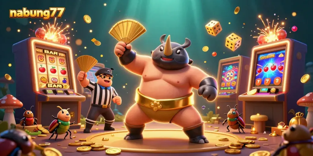 Nabung77 offers an energetic 3D casino scene with a rhinoceros beetle champion and slot machines bursting with coins.