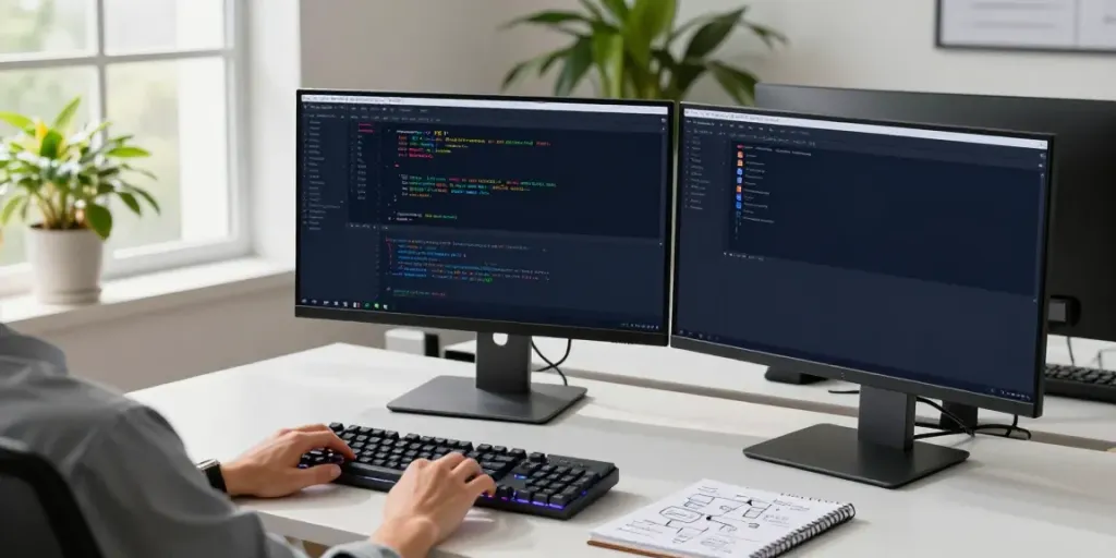 Developer utilizing an OpenAI-compatible API in a modern software workspace.