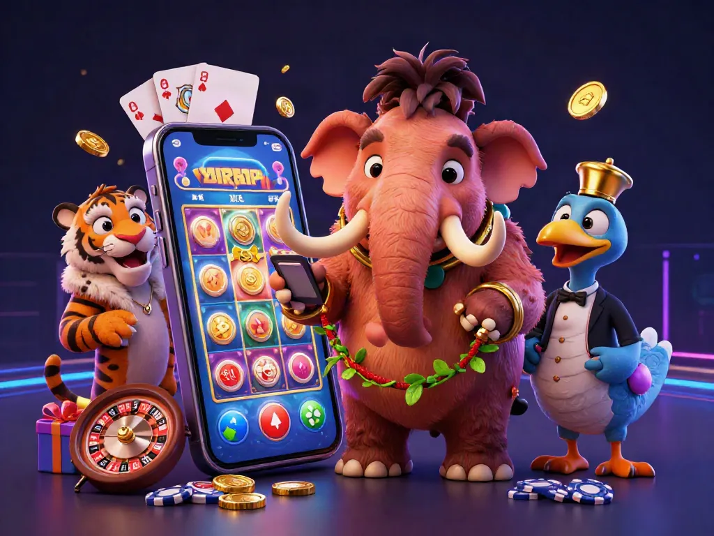 Character scene showcasing a woolly mammoth bouncer and tiger VIP in casino with stake.us promo code displayed.