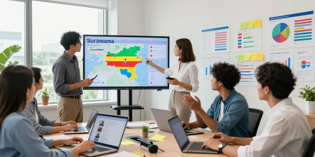 Dynamic scene in a recruitment office focused on suriname recruitment strategies, showcasing diverse professionals collaborating over job listings and data.