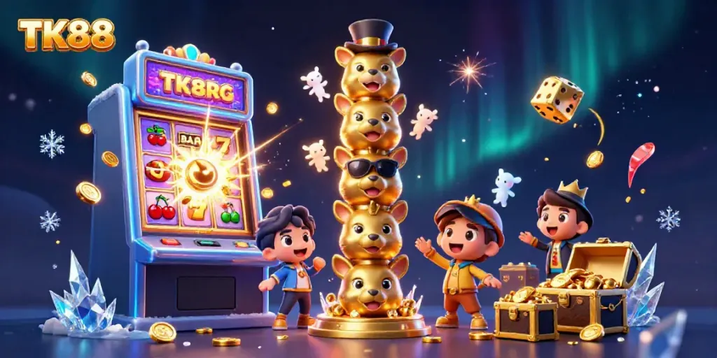 Engage with exciting slot machine scenes featuring TK88, golden coins, and dynamic casino elements.